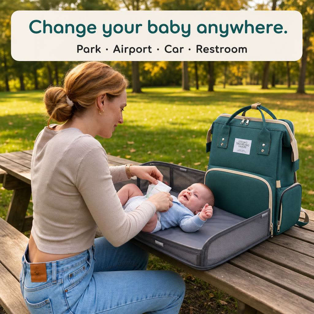 Mom changing her baby on the Wayfold changing station in the park