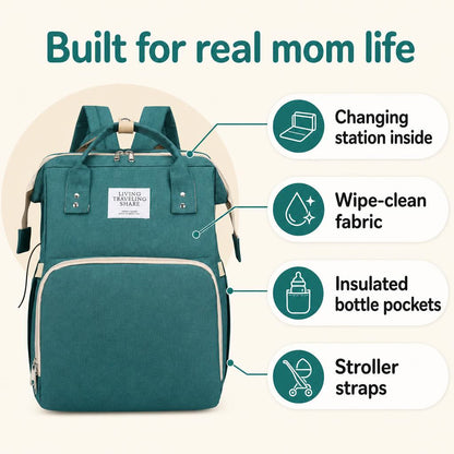 Wayfold features: changing station, wipe-clean fabric, bottle pockets, stroller straps