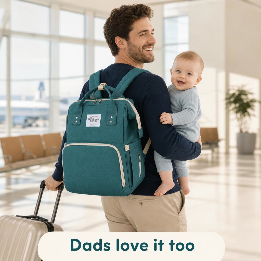 Dad at the airport wearing the Wayfold backpack