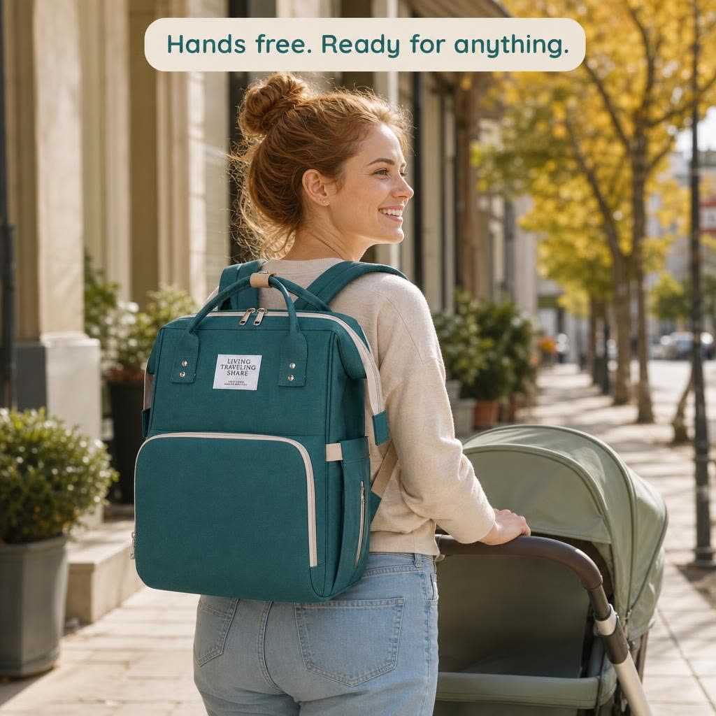Hands-free mom with stroller wearing the Wayfold backpack